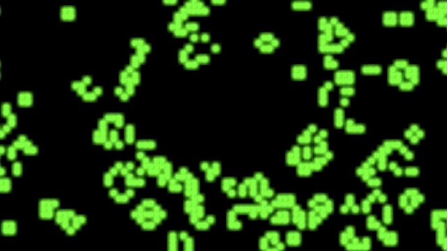 Conway's Game of Life Cellular Automaton Simulation with Green Pixels on Black Background for Tech, Retro Gaming, and Math Education Videos