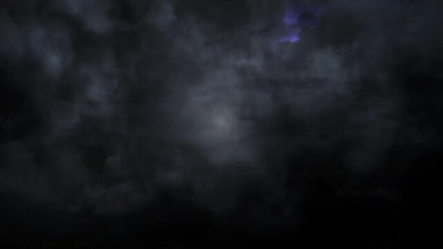 Dramatic blue lightning flashes and glowing moon behind dark storm clouds loop