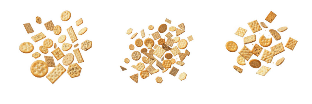 Set of scattered crunchy crackers, biscuits, and snack heaps isolated on transparent background for food design and PNG stock library assets.