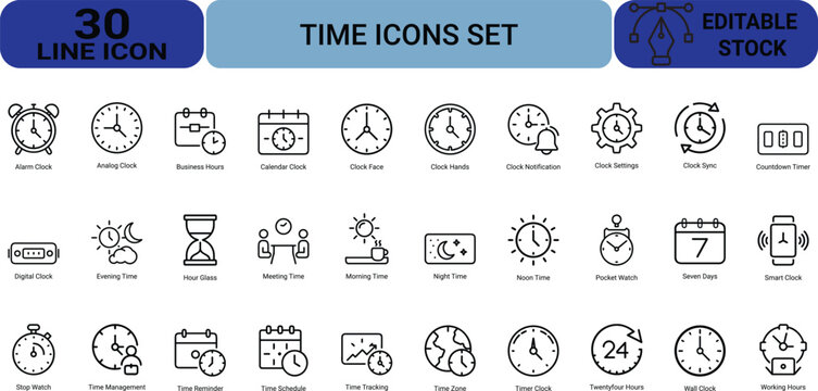 Time icons set featuring thirty clean line art illustrations of clocks watches calendars timers and scheduling tools for efficient management solutions.