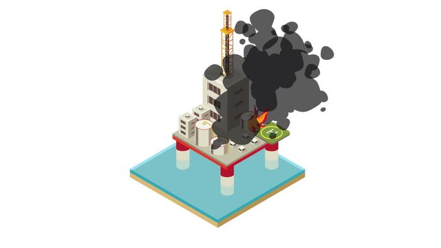 Offshore Oil Rig On Fire Ocean Disaster 3d animation cartoon
