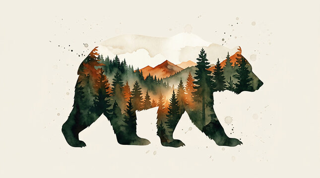 Watercolor silhouette of a bear containing a forest landscape, artistic double exposure art, ideal for travel branding, outdoor posters and nature decor