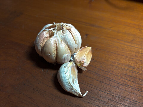 Fresh organic garlic bulb and cloves on a dark rustic wooden table background