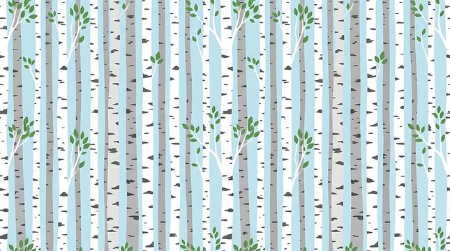 Seamless birch tree forest pattern with green leaves and blue sky