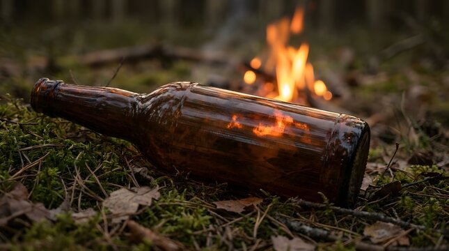 Reflection of flickering flames in a discarded soot-covered glass bottle on the forest floor