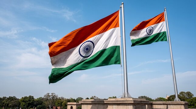 National pride and patriotism, two Indian flags waving against a clear blue sky, symbol of sovereignty and independence