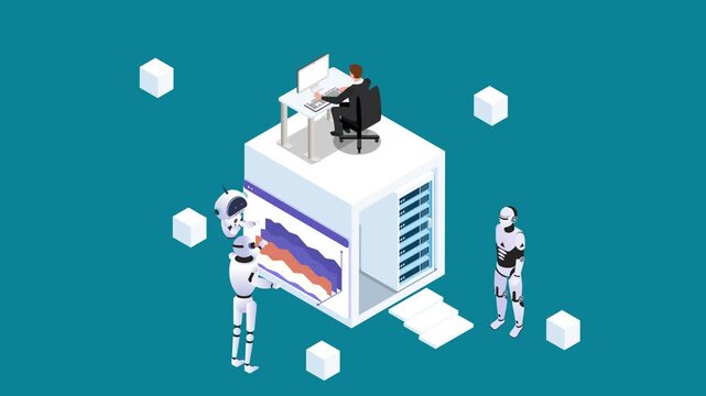 AI Data Center Concept with Robots Analyzing Financial Charts and Businessman Working on Computer 3d animation cartoon