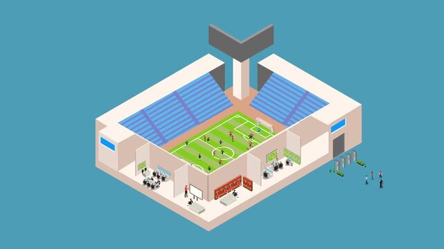 Football Stadium Cross Section with Pitch, Stands, Locker Room, and Control Rooms 3d animation cartoon