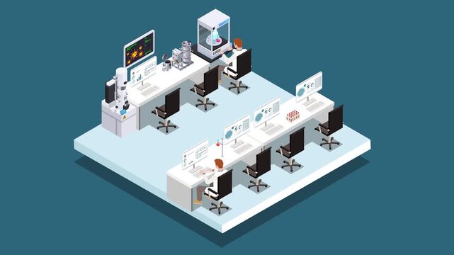 Science Laboratory with Scientists, 3D Printer, and Microscopes 3d animation cartoon