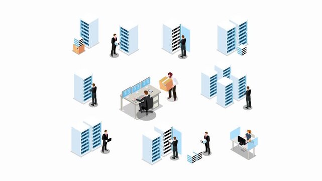 Data Center Server Room with IT Engineers and Administrators 3d animation cartoon