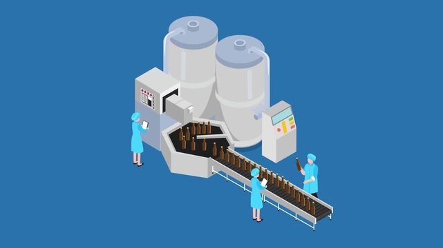 Bottling Plant Conveyor Line with Factory Workers and Storage Tanks 3d animation cartoon