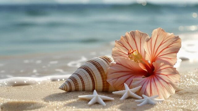 Close up of seashell starfish and hibiscus on sandy beach with ocean horizon behind creates relaxing tropical travel scene for vacation summer resort paradise wellness and seaside lifestyle atmosphere