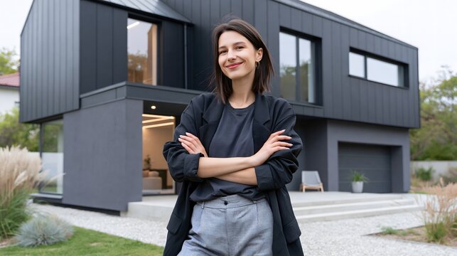 young home buyer standing in front of modern two story family house, residential property concept, ultra realistic architectural photography