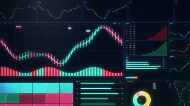 Neon cryptocurrency charts, candlesticks, volume bars, and analytics panels animate across a dark horizontal HUD for fintech marketing, business, and trading promos.