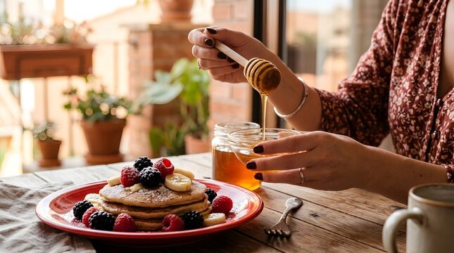 Woman Drizzling Honey on Pancakes with Berries and Bananas for Breakfast.