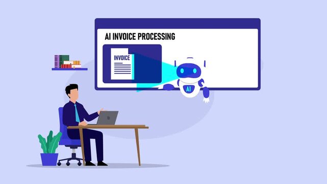 AI Invoice Processing and Automated Document Data Extraction cartoon animation