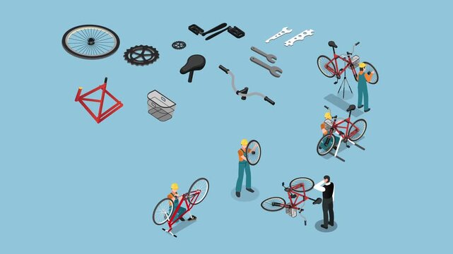 Bicycle Workshop Repair and Parts Maintenance 3d animation cartoon