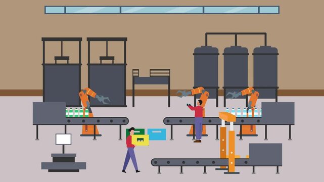 Automated Factory Production Line with Robotic Arms cartoon animation