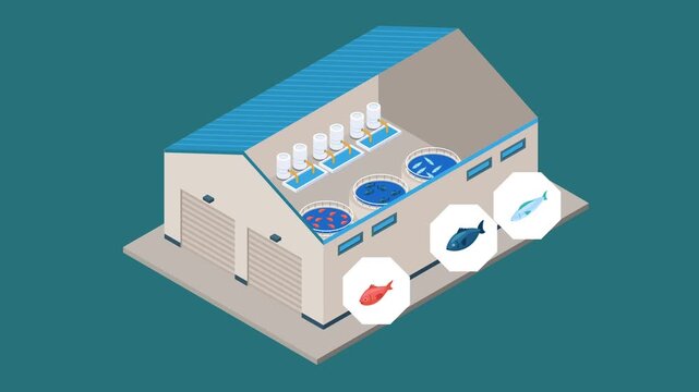 Indoor Aquaculture Fish Hatchery Factory Facility 3d animation cartoon