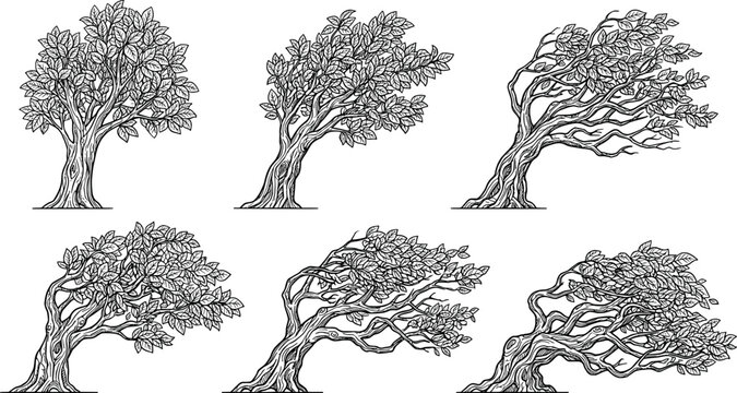 Set of handdrawn trees bending in the wind isolated on white background