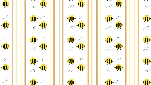 Cute kawaii bumblebee seamless pattern vector illustration with vertical yellow stripes and flying bees. 
