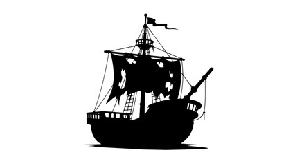 A detailed black silhouette of an old pirate ship with tattered sails and rigging is depicted against a clean white background, suggesting adventure and historical themes. © Mst. Piara Begum