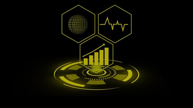 Technology futuristic displays stream holographic metrics past a heart rate graph. Modern science fiction command modules look highly authentic here. Analytical charts glow.
