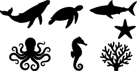 Sea Life and Marine Animal Silhouette Icon Set Featuring Whale, Sea Turtle, Shark, Octopus, Seahorse, Starfish, and Coral Reef Vector Graphics © DabashChandra
