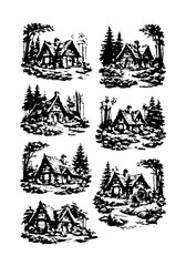 Obraz premium Hand Drawn Forest Cabin Nature Sketch Set