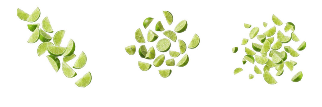 Isolated Fresh Green Lime or Citrus Wedges, Three Unique Clusters Floating and Scattering on Transparent Background - High-Resolution Food Photography and Digital Asset