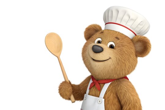 Cartoon bear chef holding wooden spoon smiling