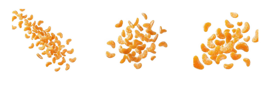 Isolated Fresh Tangerine or Mandarin Orange Segments, Three Unique Clusters Floating on Transparent Background - High-Resolution Food Photography and Digital Asset