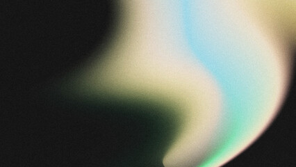 Obraz premium Abstract textured background featuring grainy noise texture, smooth wavy color gradient. Muted pale yellow, cyan, mint green soft blur shape on deep black backdrop.
