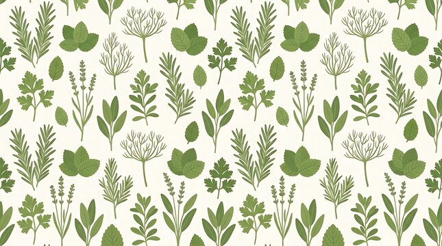 Seamless botanical pattern with fresh green culinary herbs