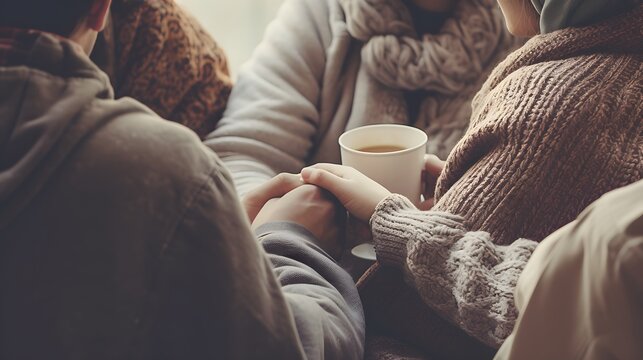 A supportive group of friends gathered around their sick companion sharing warm drinks and offering comfort during a tough time