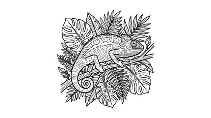 Obraz premium Modern Black and White Line Drawing of Chameleon on Tropical Leaves and Snail with Floral with high quality professional line art symbols for modern creative design and digital branding projects