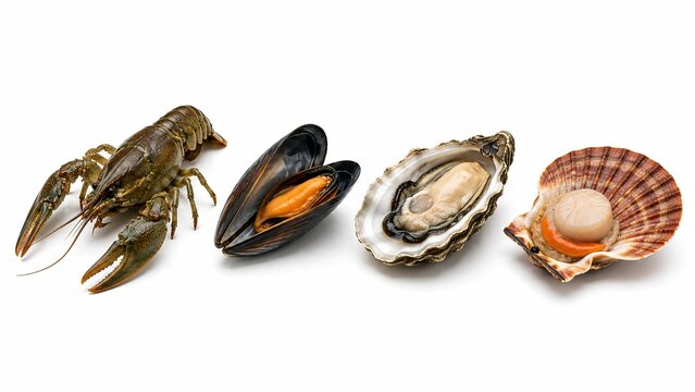Fresh Seafood and Shellfish Assortment: Crayfish, Mussel, Oyster, and Scallop Isolated on White Background
