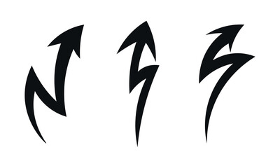 Fototapeta premium Set of black lightning bolt arrow vector illustrations for bold energetic presentation pointing elements and custom dynamic layout designs.