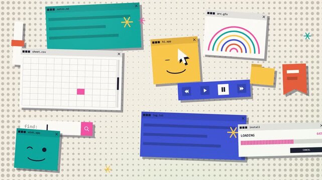 Layered retro app windows, spreadsheets, media controls, and loading panels animate over a dotted background in a vibrant loop for digital campaigns and advertising