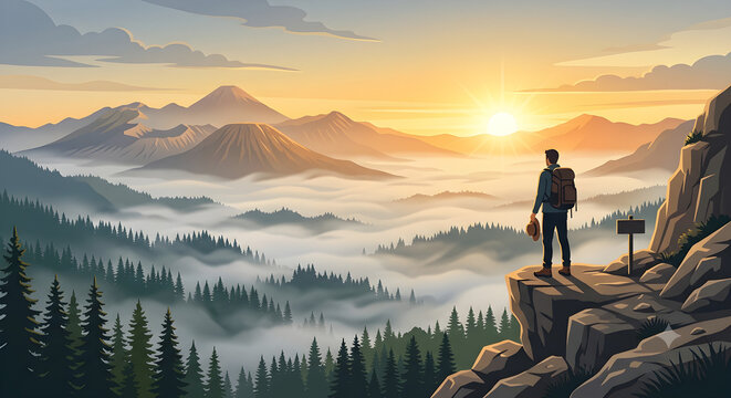 Inspirational illustration of a lone traveler standing on a mountain peak at sunrise overlooking misty valleys and distant mountains.