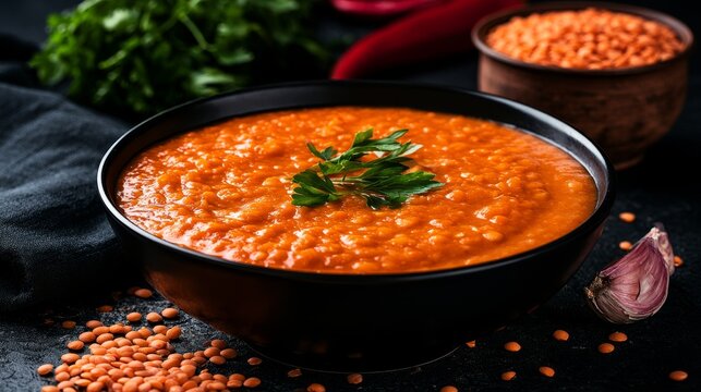 Traditional red lentil soup in restaurant bowl with creamy orange puree texture, healthy vegetarian meal inspired by Middle Eastern cuisine, warm comfort food concept for Ramadan and everyday dining
