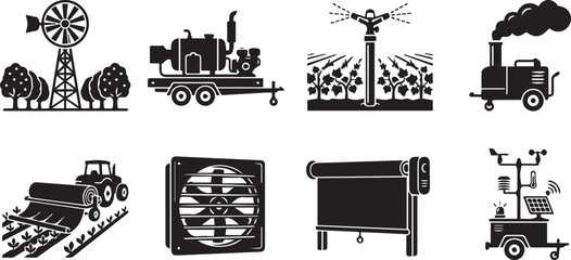 Obraz premium Set of black and white agricultural featuring frost protection equipment, irrigation systems, wind turbines, and climate sensors