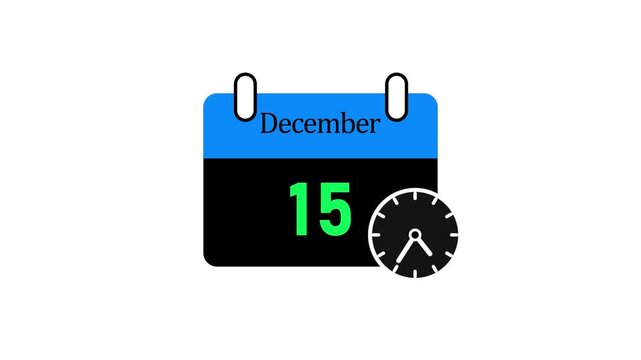 Blue calendar with date 15 december and clock showing 12 00 on dark background minimalist