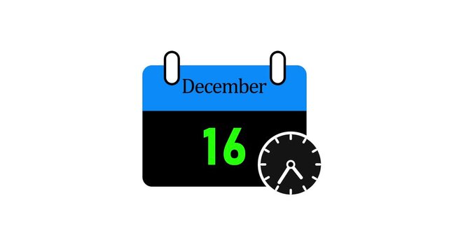 December 16 calendar date with clock showing time concept for scheduling planning deadlines
