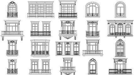 Obraz premium Architectural Window and Balcony CAD Block Collection with Classic Elevations for AutoCAD Building Design