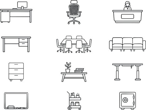 Office furniture icon set desk ergonomic chair reception conference table sofa standing desk safe line art vector illustration.