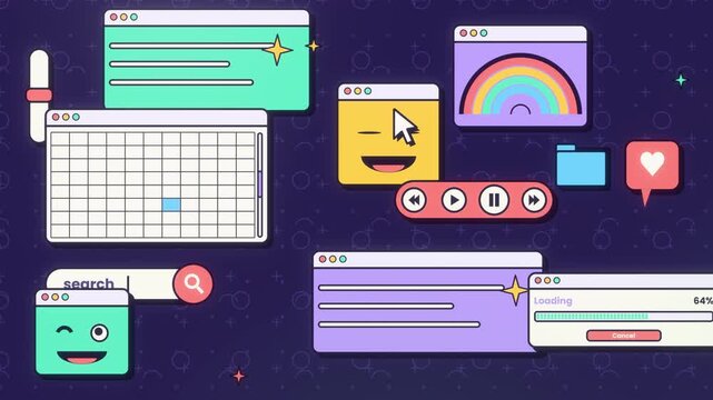 Colorful vintage software windows, search tools, folders, and loading bars animate over a dark purple background in a horizontal loop for tech advertising and digital content
