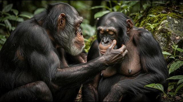 Two wild chimpanzee grooming each other in the lush forest