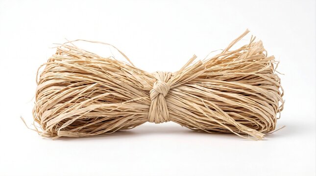 Bundle of natural raffia fibers isolated on white background for floral arrangements, gift wrapping and craft projects.