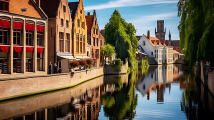 Fototapeta premium Picturesque street view in bruges belgium showcasing reflections in the canal alongside beautiful historic buildings